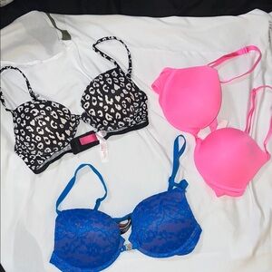 Victoria's Secret Bright Pink & Royal Blue Push-Up Bras with Black Leopard Print